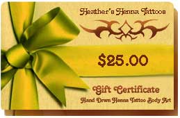 henna tattoo gift certificates are Available in any dollar amount and redeemable for parties, events or private or group services.